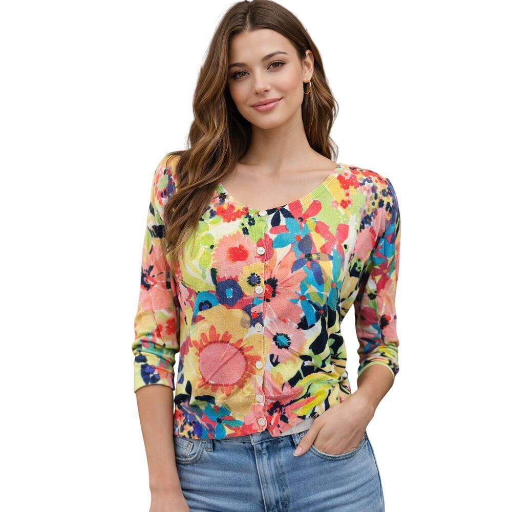 Trina Turk Floral Knit Cardigan Top Bright Medium EUC
